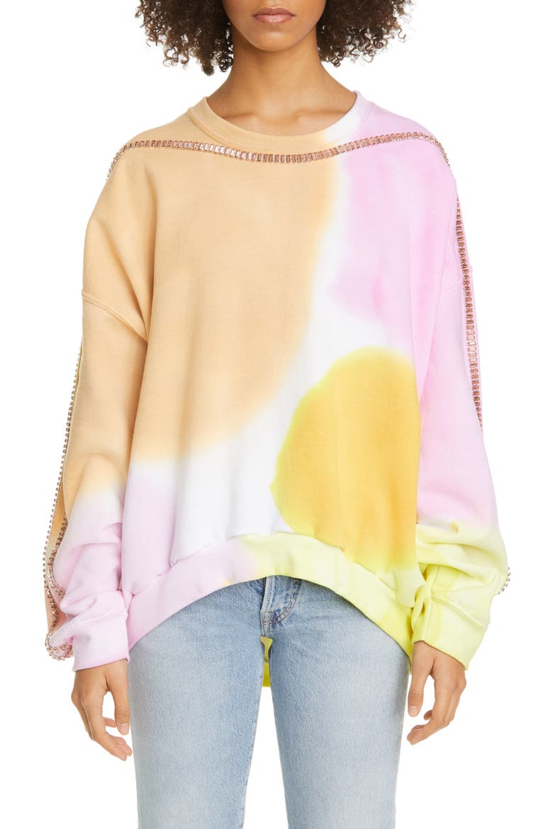 Sporty Spice Crystal Embellished Tie Dye Sweatshirt, Main, color, SUNSET WATERCOLOR