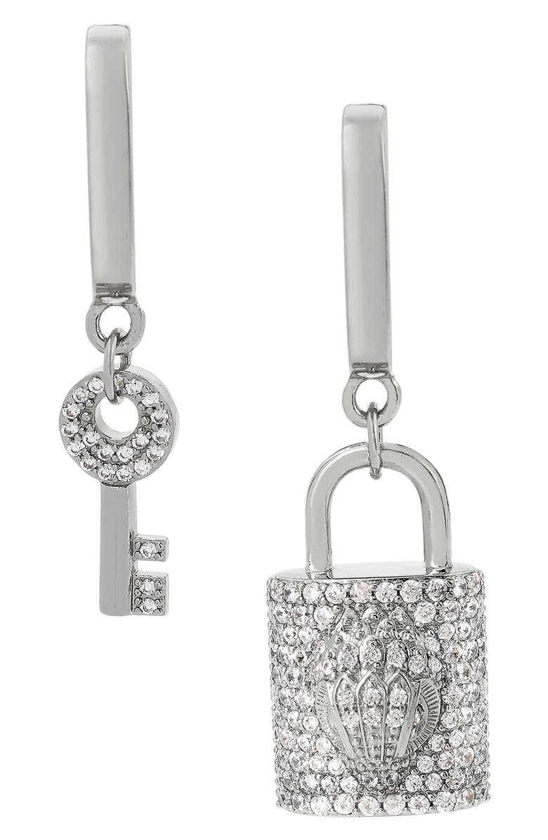 Kurt Geiger London Pavé Crystal Lock & Key Mismatched Huggie Drop Earrings, Main, color, 