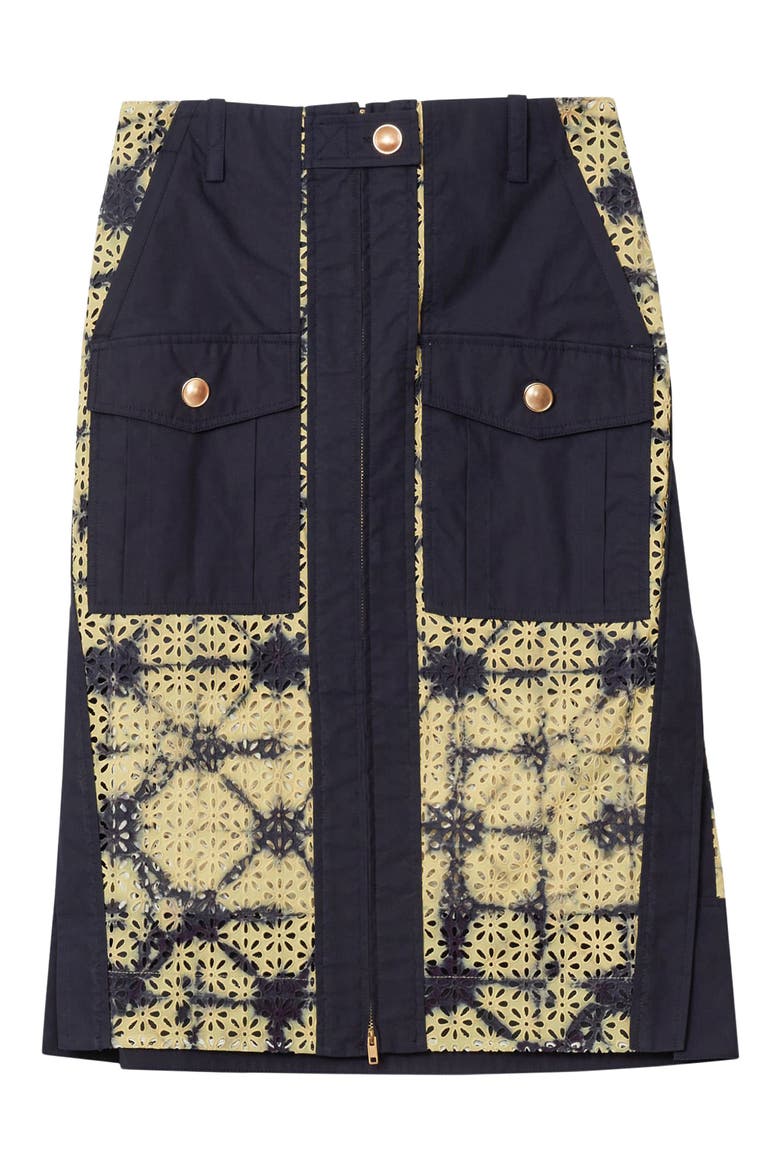 Printed Broderie Anglaise Utility Midi Skirt, Main, color, BUTTER-INDIGO MULTI