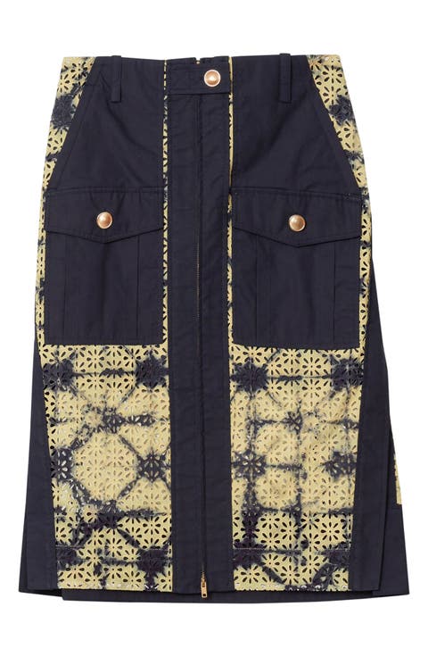 Printed Broderie Anglaise Utility Midi Skirt