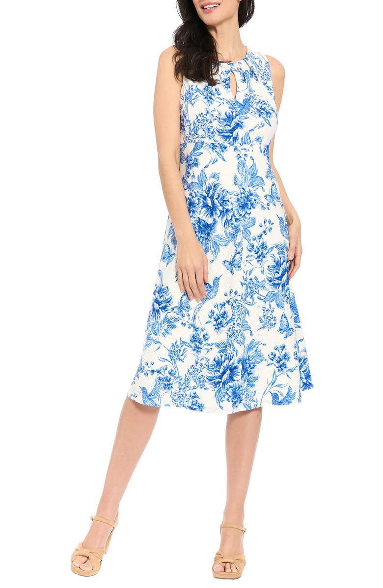 London Times Floral Eyelet Sleeveless A-Line Midi Dress, Main, color, Soft White/ Teal