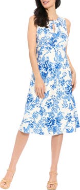 London Times Floral Eyelet Sleeveless A-Line Midi Dress