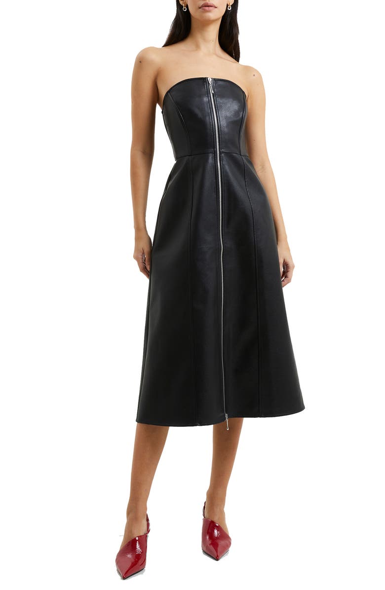 French Connection Claudia Faux Leather Zip Front Strapless Dress, Main, color,