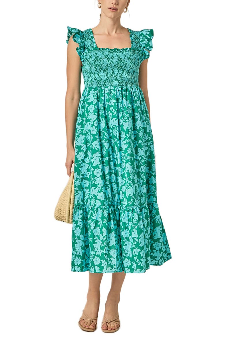 English Factory Print Smocked Cotton Midi Dress, Main, color, Green