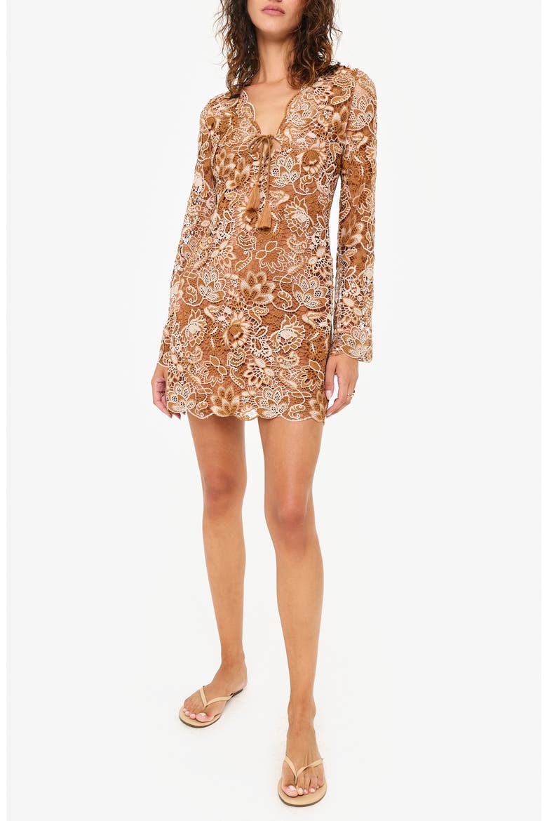 Madeira Long Sleeve Lace Overlay Minidress, Main, color, BROWN