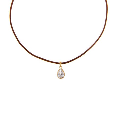 Lab Grown Diamond Pear Bezel Brown Leather Chain Necklace 14K