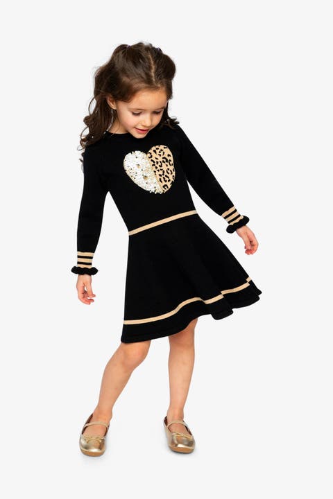 Heart Graphic Ruffle Cuff Pleated Knit Dress