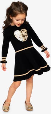 Deux par Deux Heart Graphic Ruffle Cuff Pleated Knit Dress