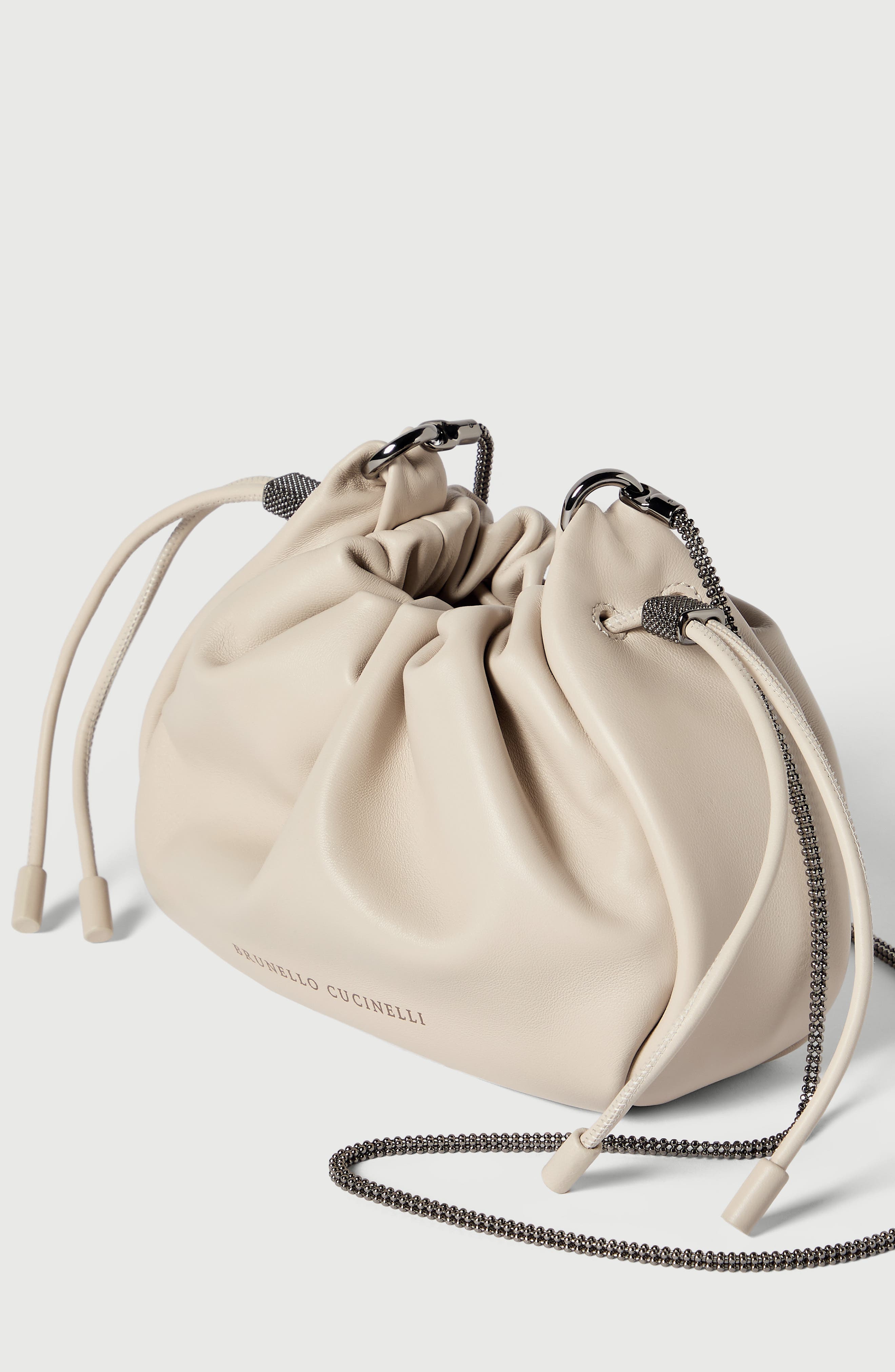 Mellow mini bucket bag in soft leather with precious chain, Alternate, color, Ivory