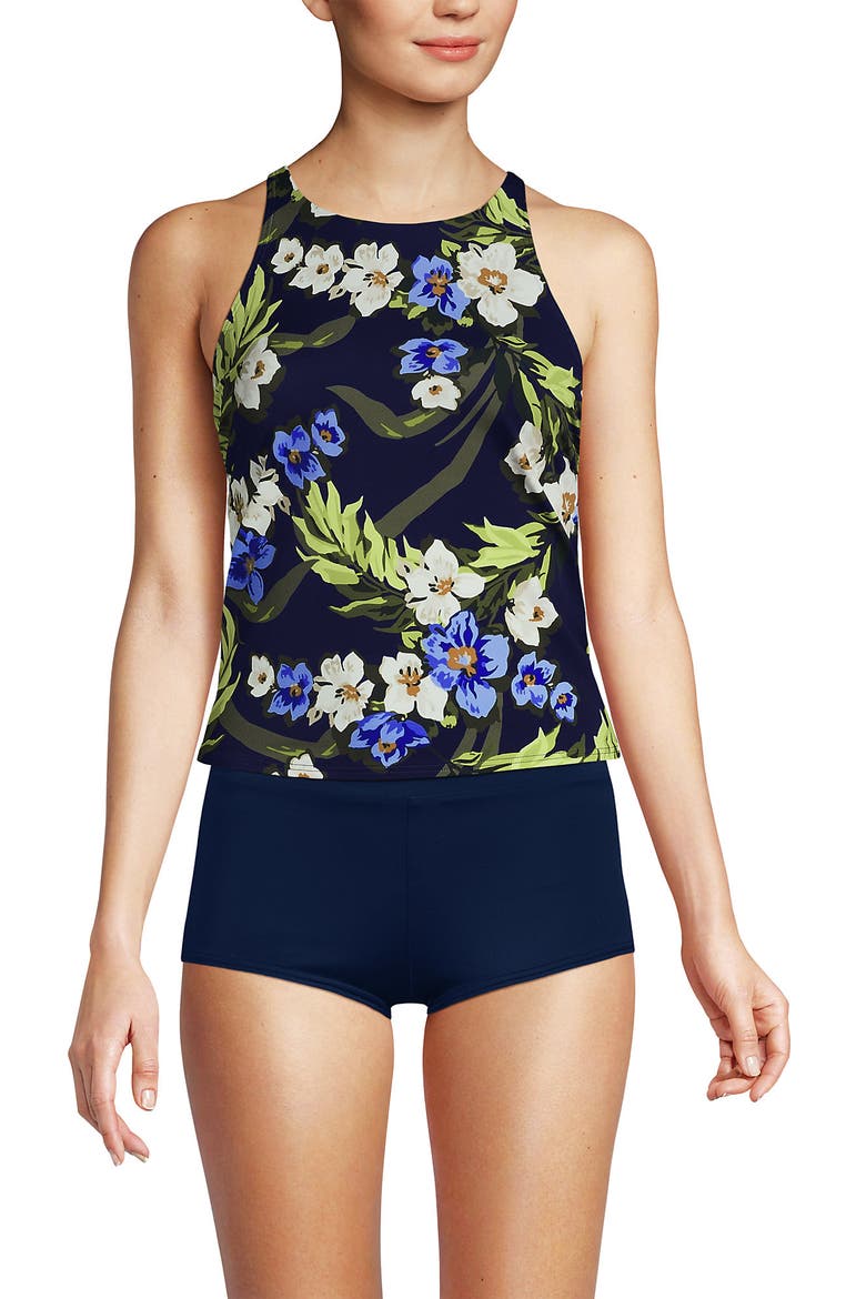 DDD-Cup Chlorine Resistant Tugless High Neck Strappy Back Tankini Swimsuit Top, Main, color, Deep Sea/Blue Floral Tropic