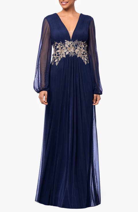 Metallic Floral Appliqué Long Sleeve Gown