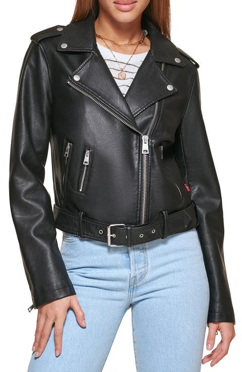 Faux Leather Fashion Belted Moto Jacket