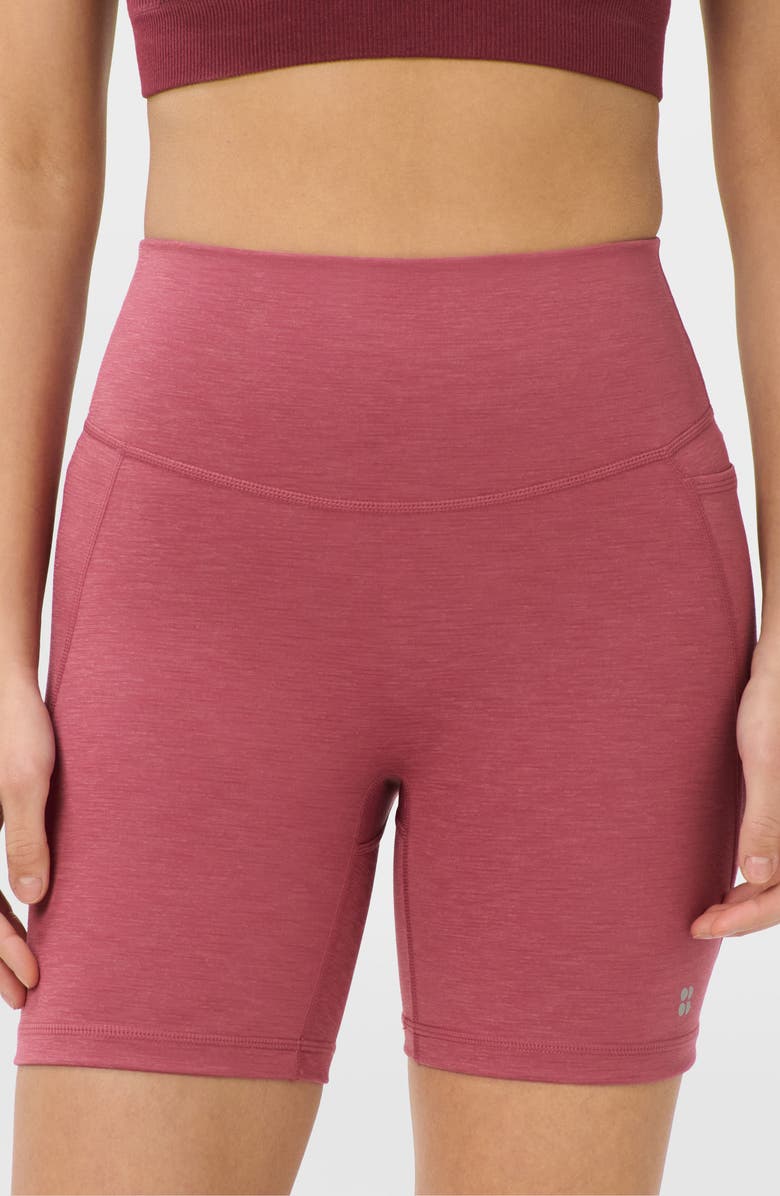 Sweaty Betty Ultimate Move High Waist Pocket Bike Shorts, Main, color, Sienna Pink Marl