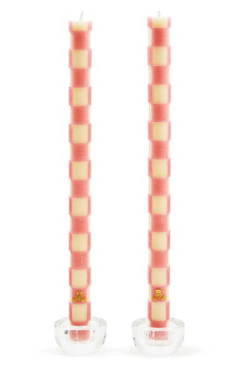Set of 2 Pink Check Taper Dinner Candles