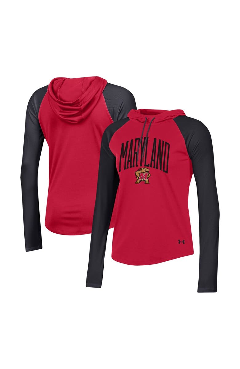 Under Armour Women's Under Armour Red Maryland Terrapins Gameday Mesh Performance Raglan Hooded Long Sleeve T-Shirt, Main, color, 