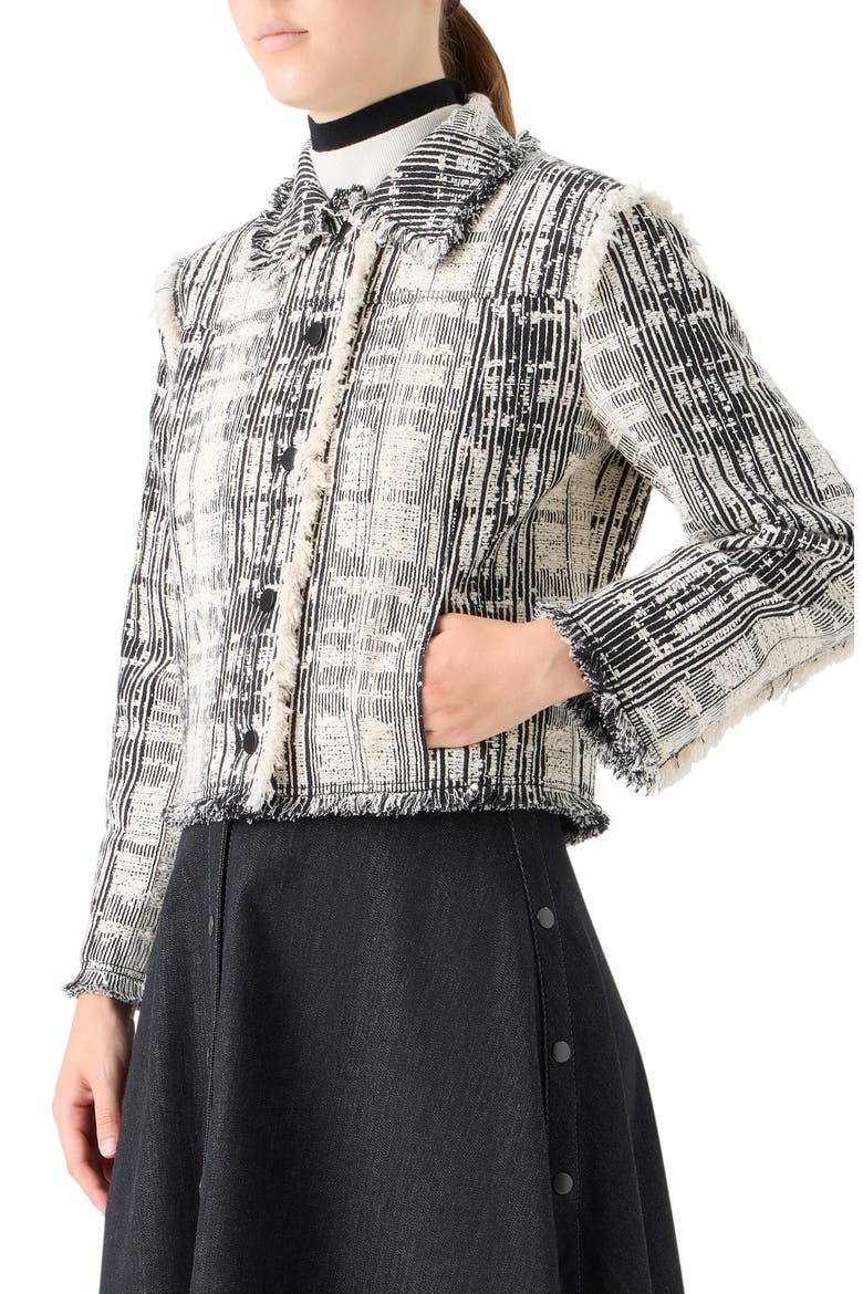 Fringe Trim Mixed Tweed Crop Jacket, Alternate, color, BLACK-IVORY