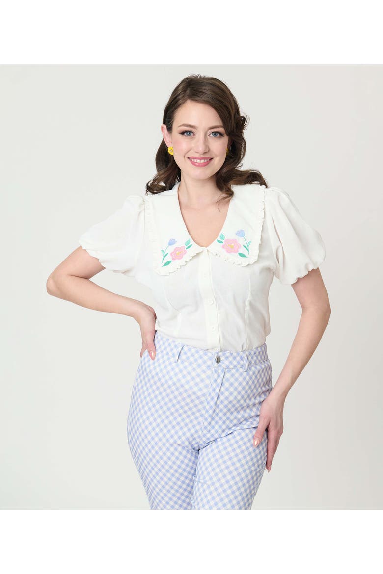 Short Sleeve Oversized Collar Blouse, Main, color, White W/Floral Embroidery