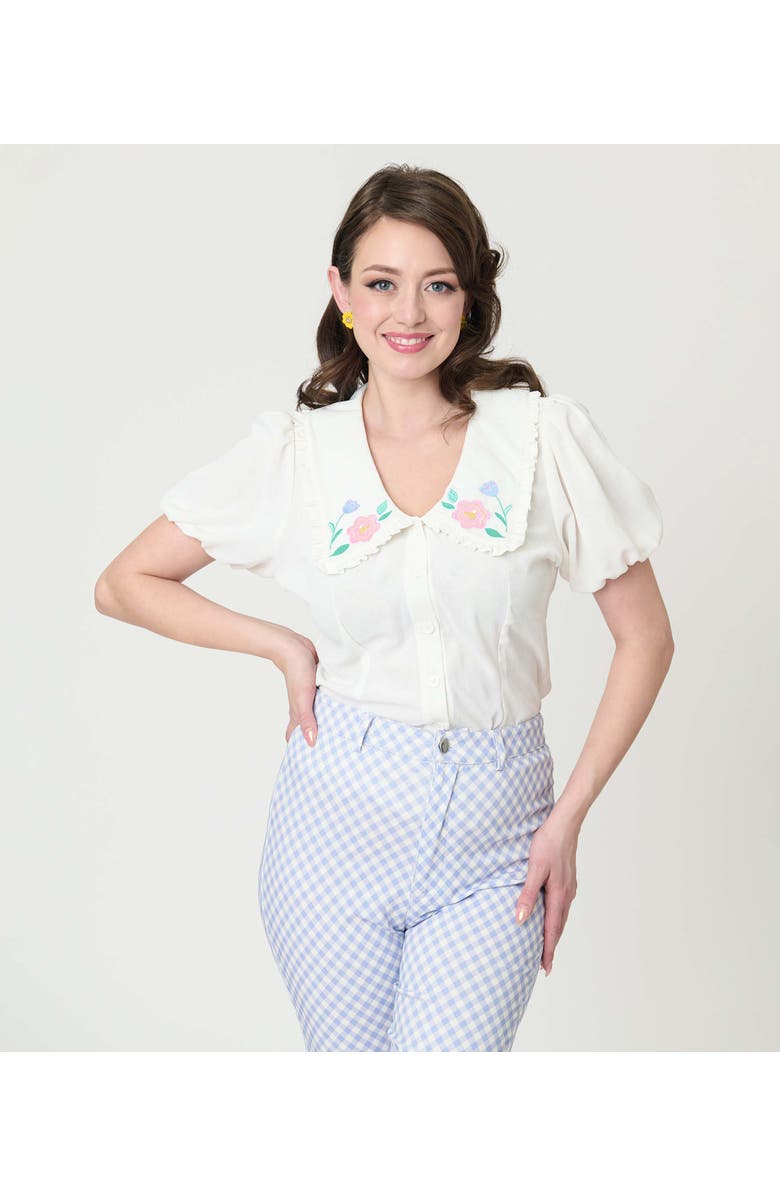 Unique Vintage Short Sleeve Oversized Collar Blouse, Main, color, White W/Floral Embroidery