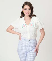 Unique Vintage Short Sleeve Oversized Collar Blouse