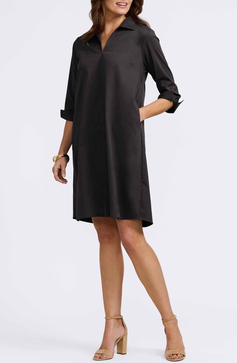 Foxcroft Agnes Belted Cotton Blend Shirtdress, Main, color, Black
