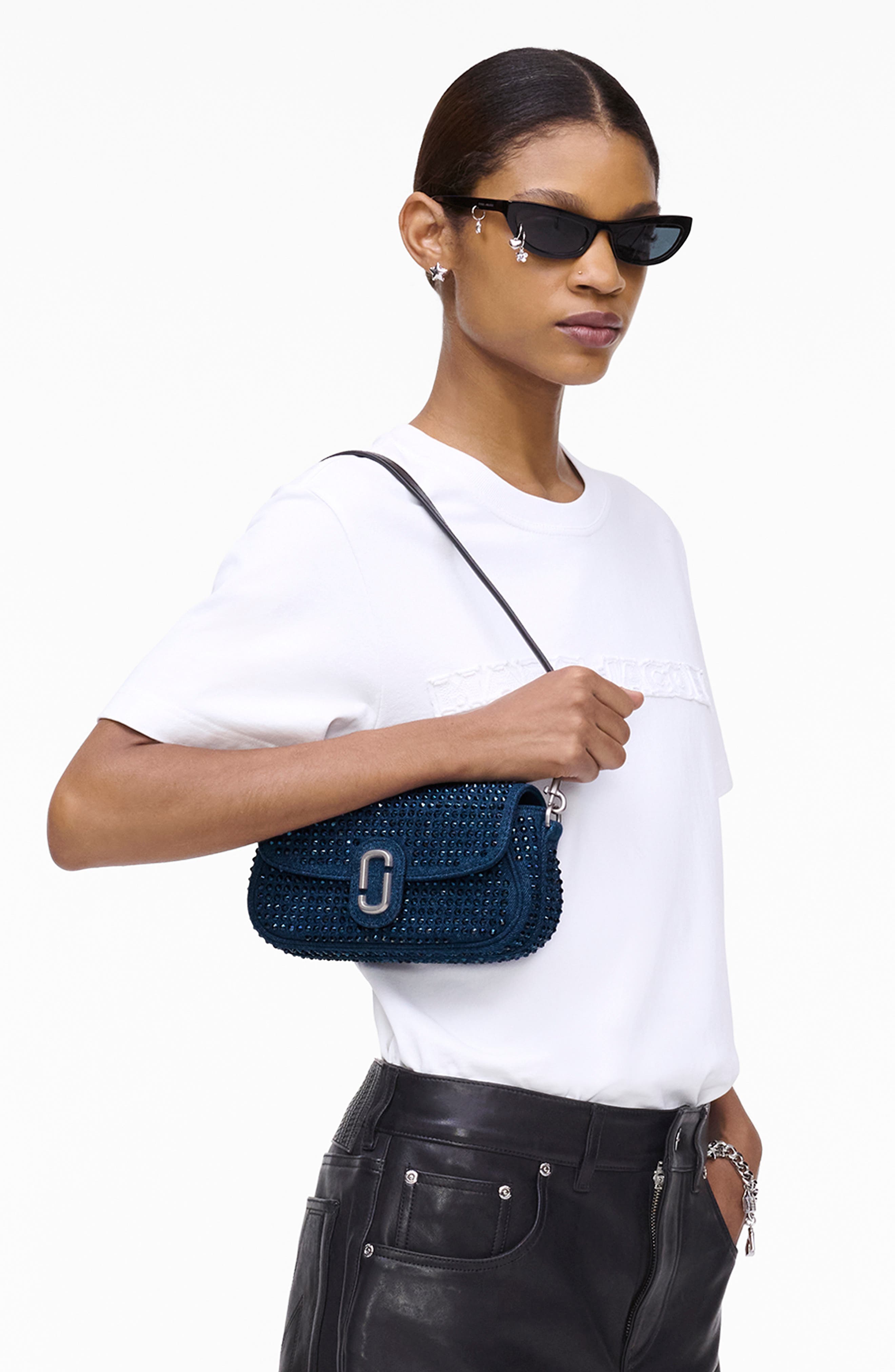 Marc Jacobs The Clover Crystal Embellished Denim Shoulder Bag, Alternate, color, 