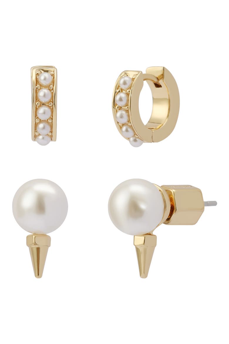 Set of 2 Faux Pearl Stud & Huggie Hoop Earrings, Alternate, color, GOLD/ PEARL