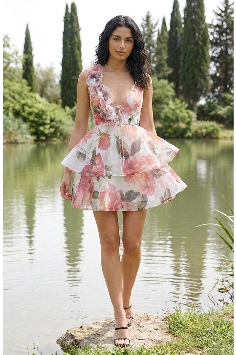 Floral Ruffle Layer Tie Waist Mini Dress, Alternate, color, White