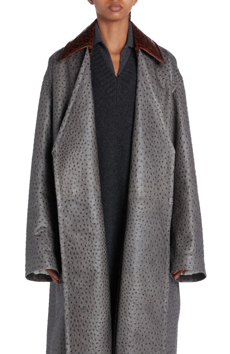 Bottega Veneta Ostrich Embossed Leather Belted Coat, Main, color,
