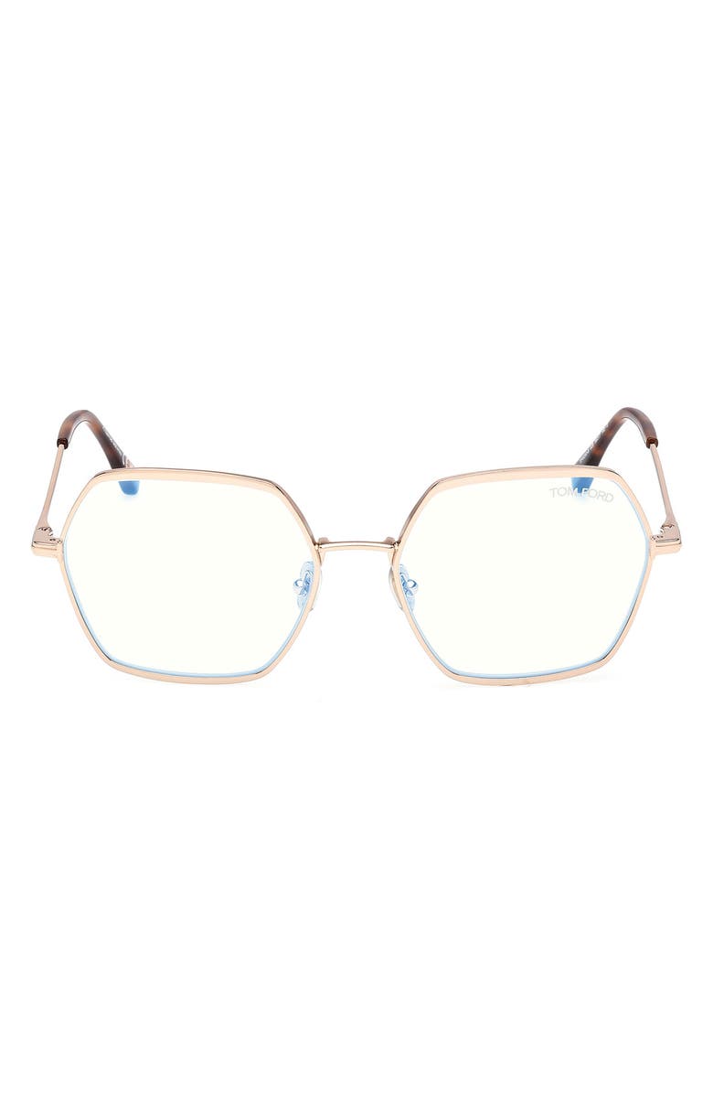 TOM FORD 56mm Geometric Blue Light Blocking Optical Glasses, Main, color, Rose Gold/ Blue Block Lenses