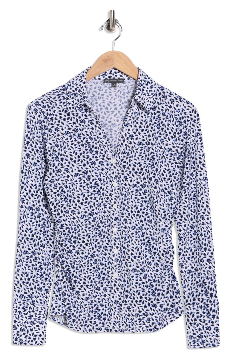 Adrianna Papell Long Sleeve Knit Button-Up Top, Main, color, Ivory/ Blue Moon Dreamy Leaves