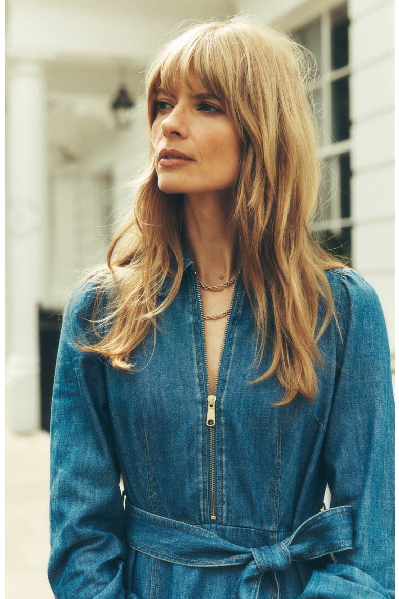 Front Zip Long Sleeve Denim Maxi Dress, Main, color, MID VINTAGE DENIM