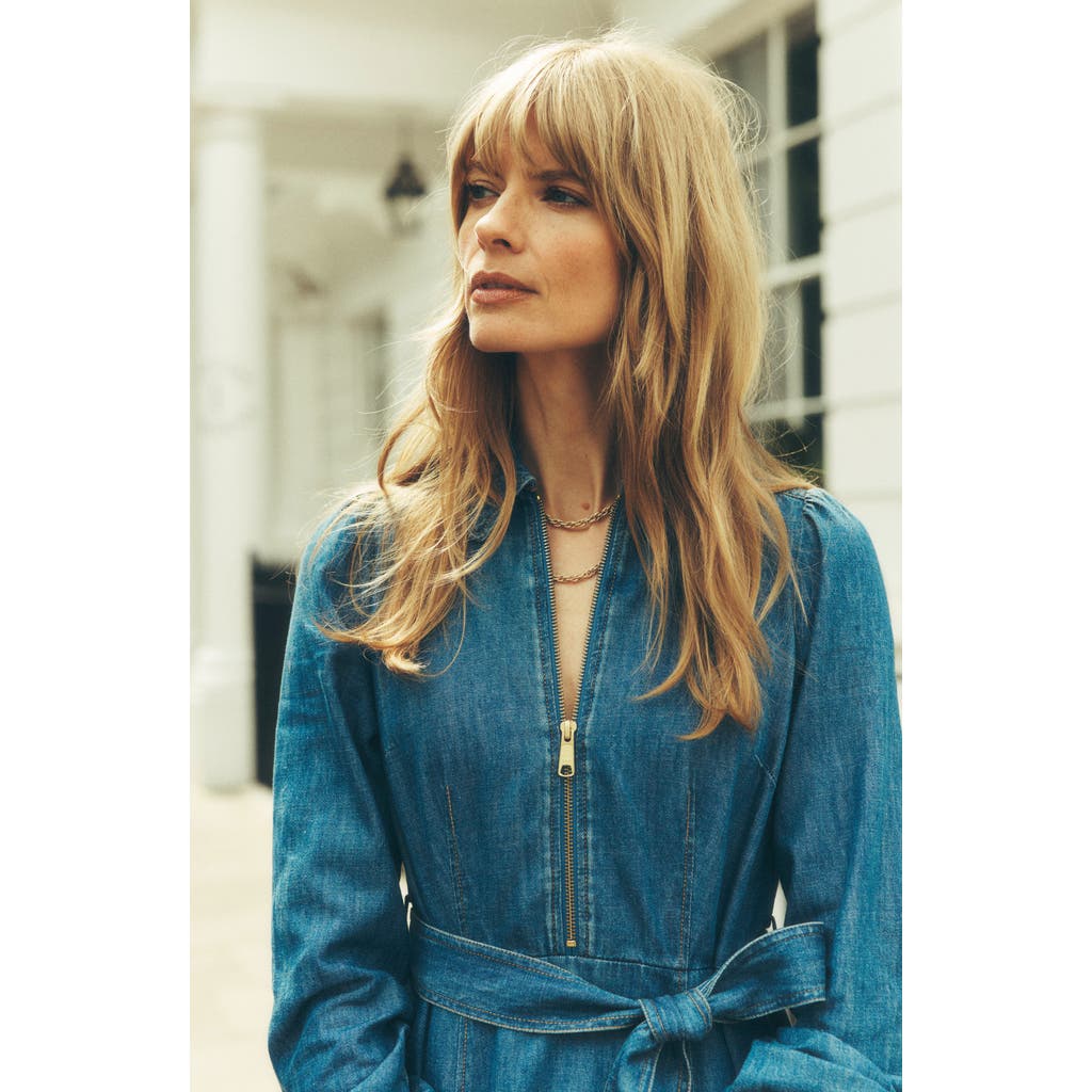 Boden Front Zip Long Sleeve Denim Maxi Dress In Green