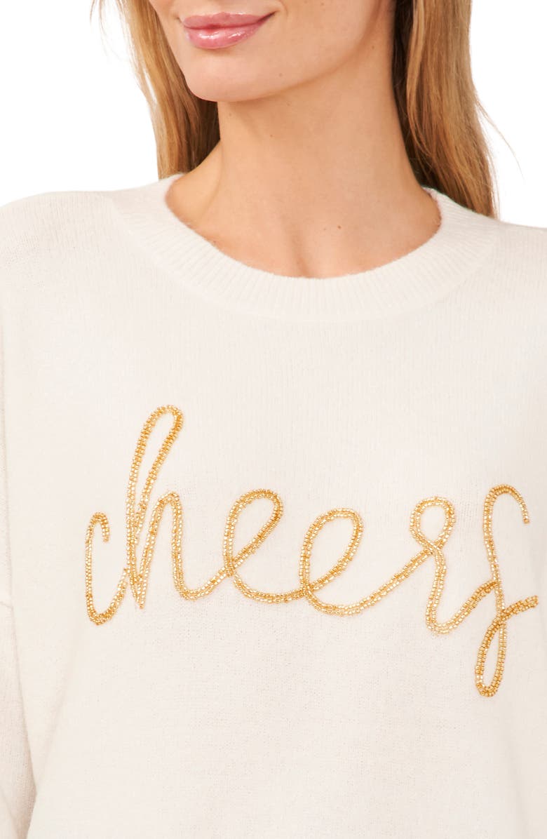 Vince Camuto Cheers Embellished Crewneck Sweater, Alternate, color, Antique White/ Gold