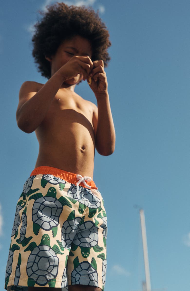 Mini Boden Kids' Print Swim Trunks, Alternate, color, Turtle Print