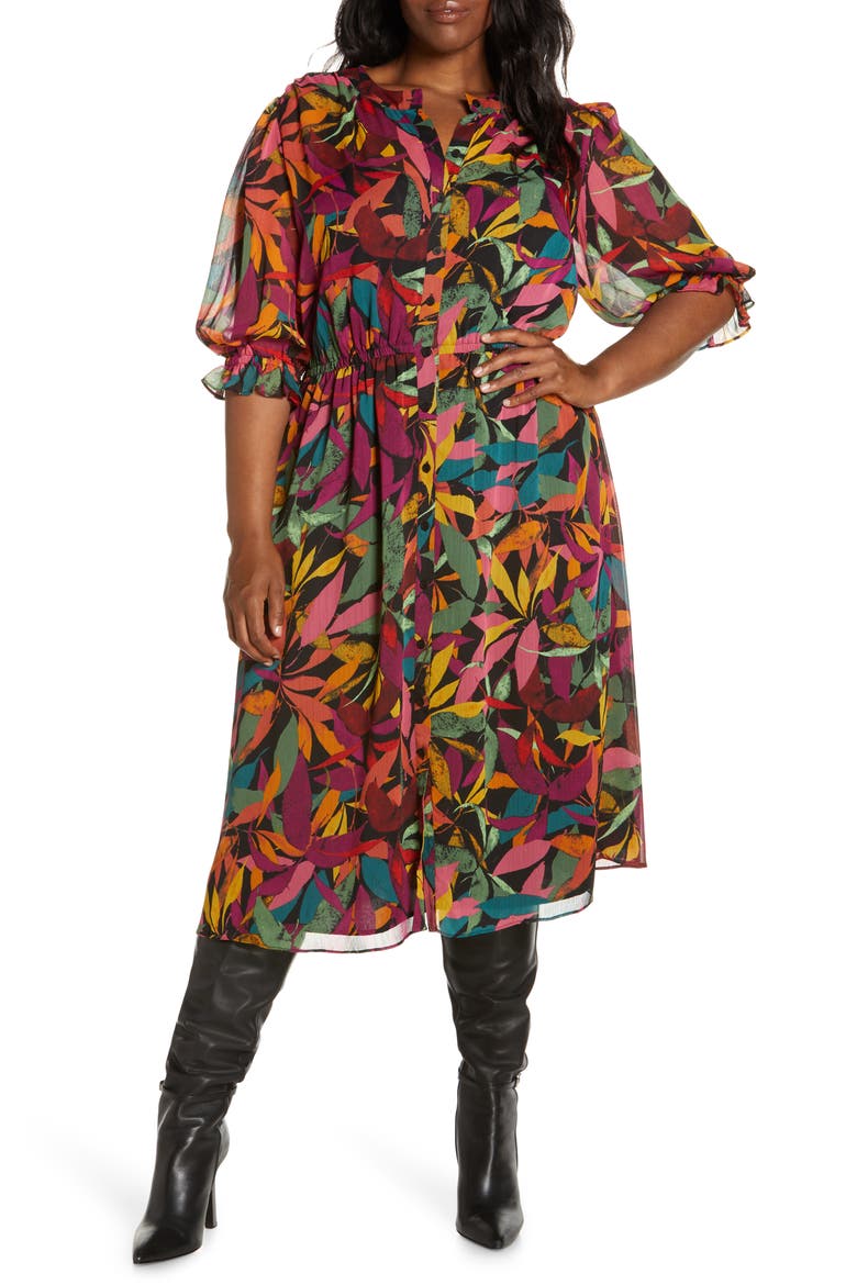 Print Puff Sleeve Midi Shirtdress, Main, color, BLACK/ GRAPE JUICE