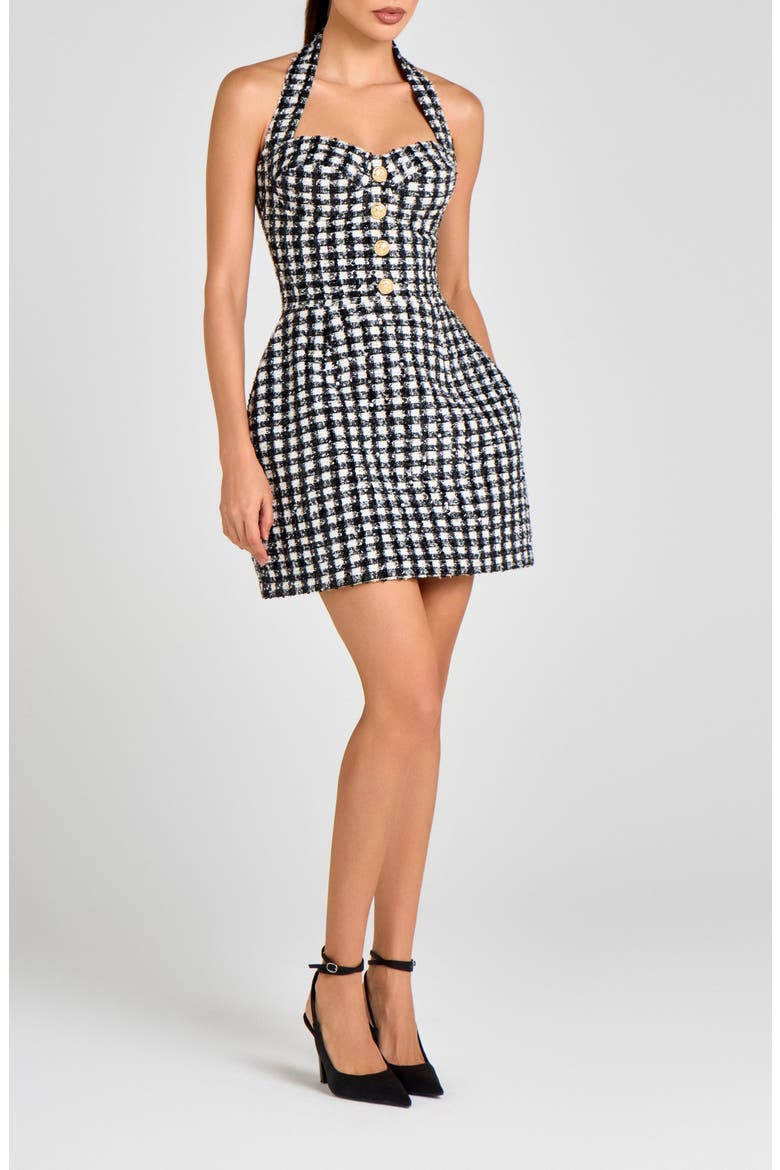 Metallic Tweed Halter Neck Cocktail Minidress, Alternate, color, BLACK / WHITE