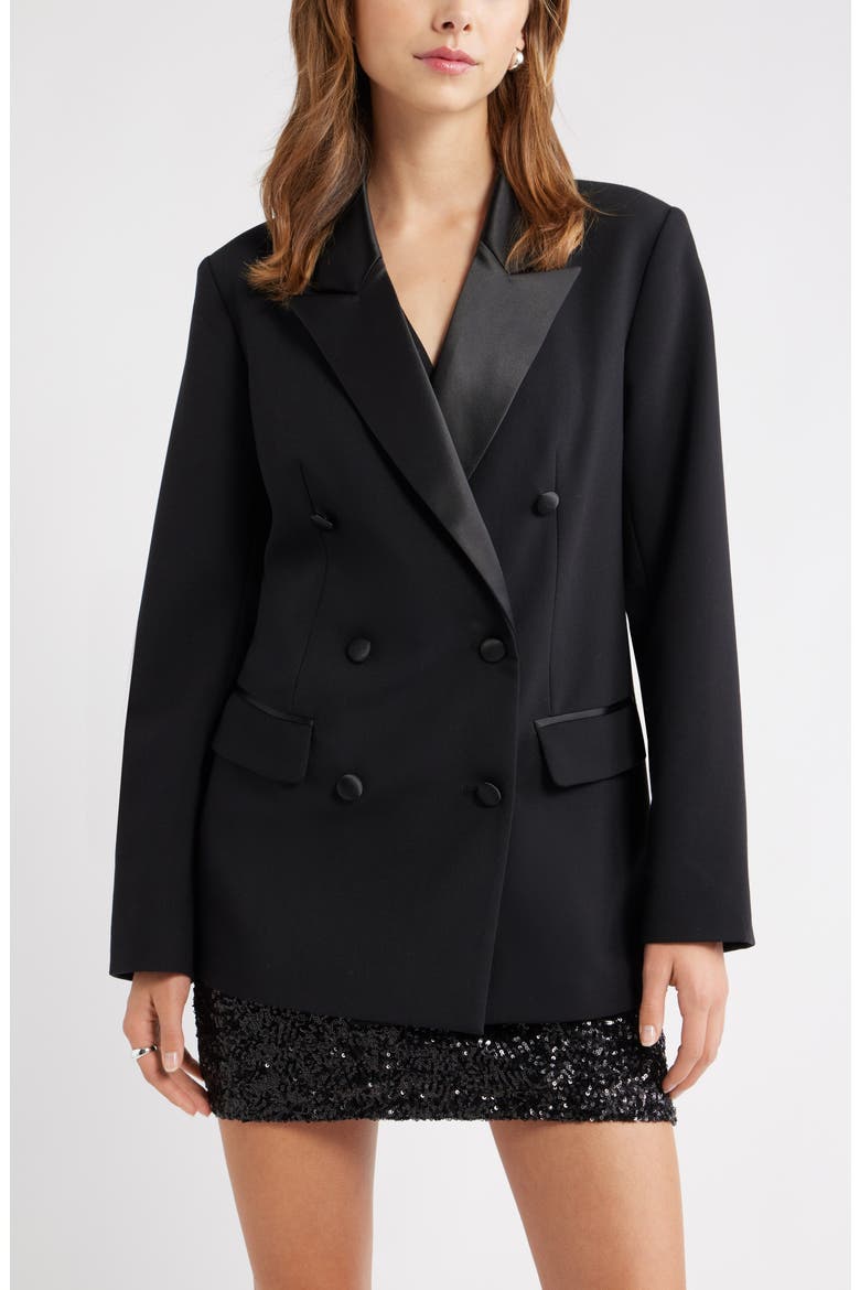 Double Breasted Satin Trim Blazer, Main, color, BLACK