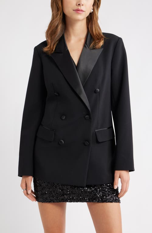 Open Edit Double Breasted Satin Trim Blazer In Black