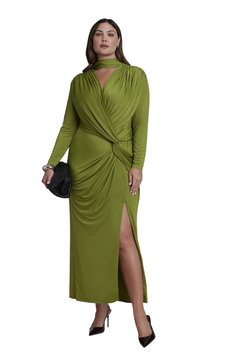 Scarf Detail Twist Front Maxi Dress (plus), Main, color, WOODBINE
