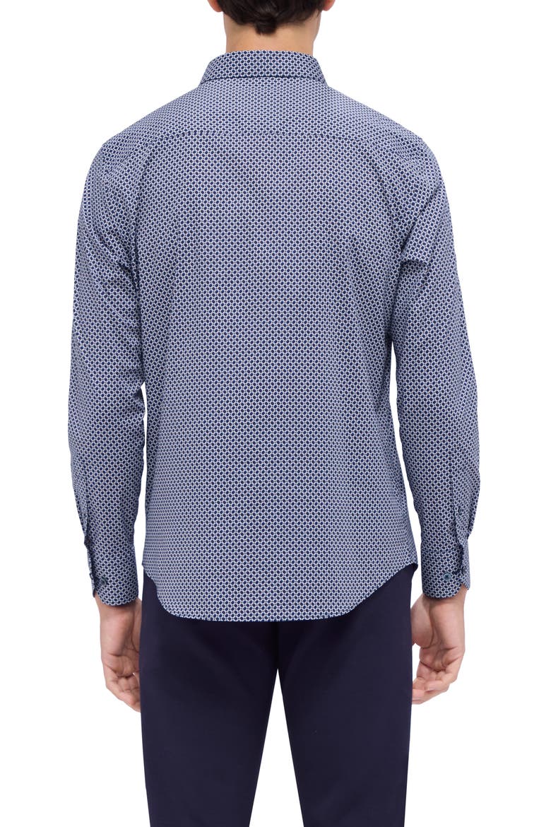 Axel Shaped Fit Geo Print Stretch Button-Up Shirt, Alternate, color, NAVY