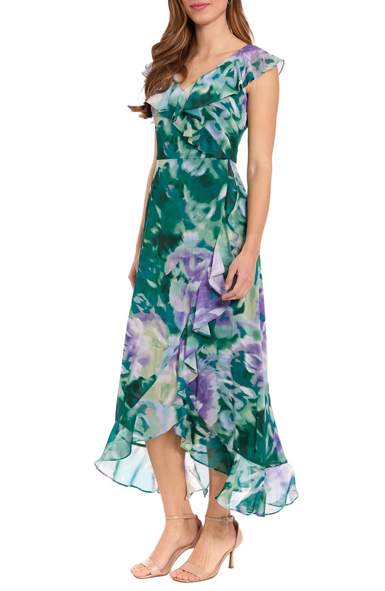London Times Ruffle Cap Sleeve Faux Wrap Dress, Alternate, color, Orchid/ Teal