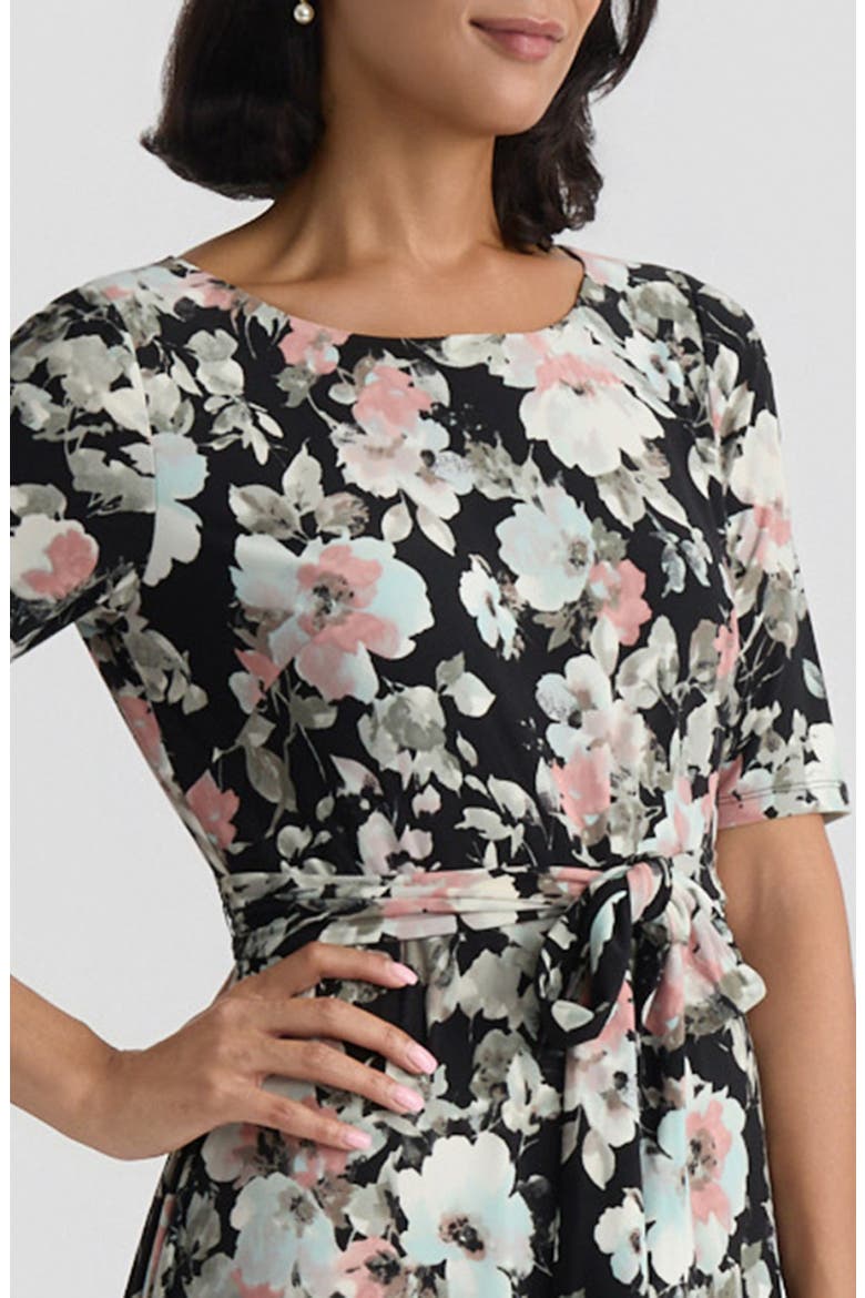 Floral Tie Belt A-Line Dress, Alternate, color, BLACK MULTI