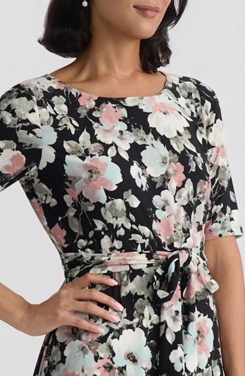 KASPER Floral Tie Belt A-Line Dress, Alternate, color, Black Multi