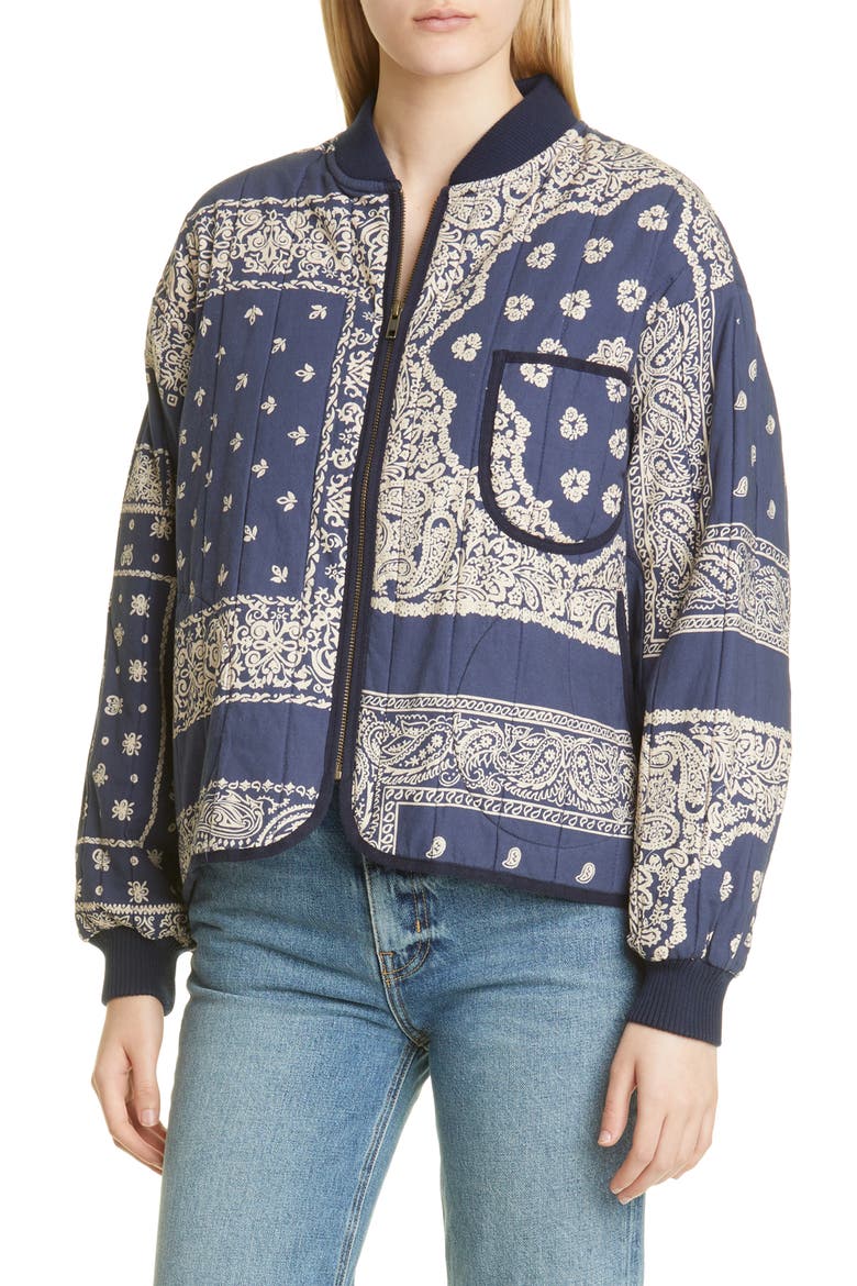 The Bandana Print Quilted Bomber Jacket, Main, color, NAVY BANDANA PRINT