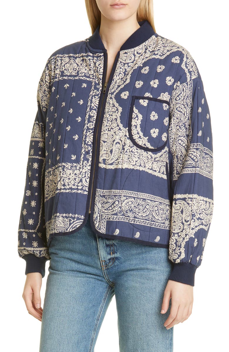 THE GREAT. The Bandana Print Quilted Bomber Jacket, Main, color,