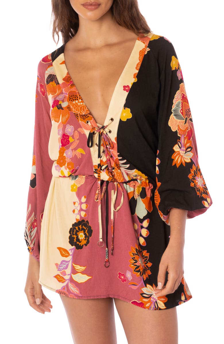 Maaji Rae Lace Up Cover-Up Minidress, Alternate, color, Black