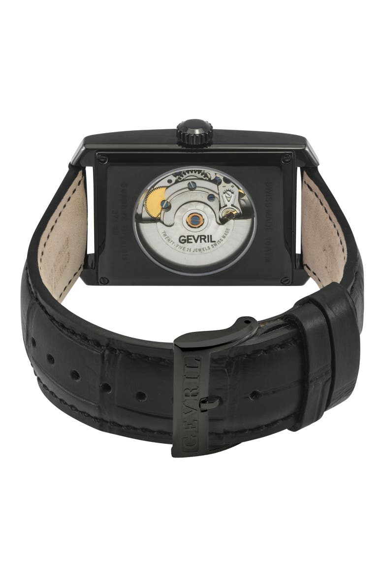 Manhattanhenge Automatic Rectangle Croc Embossed Leather Strap Watch, 39mm, Alternate, color, BLACK