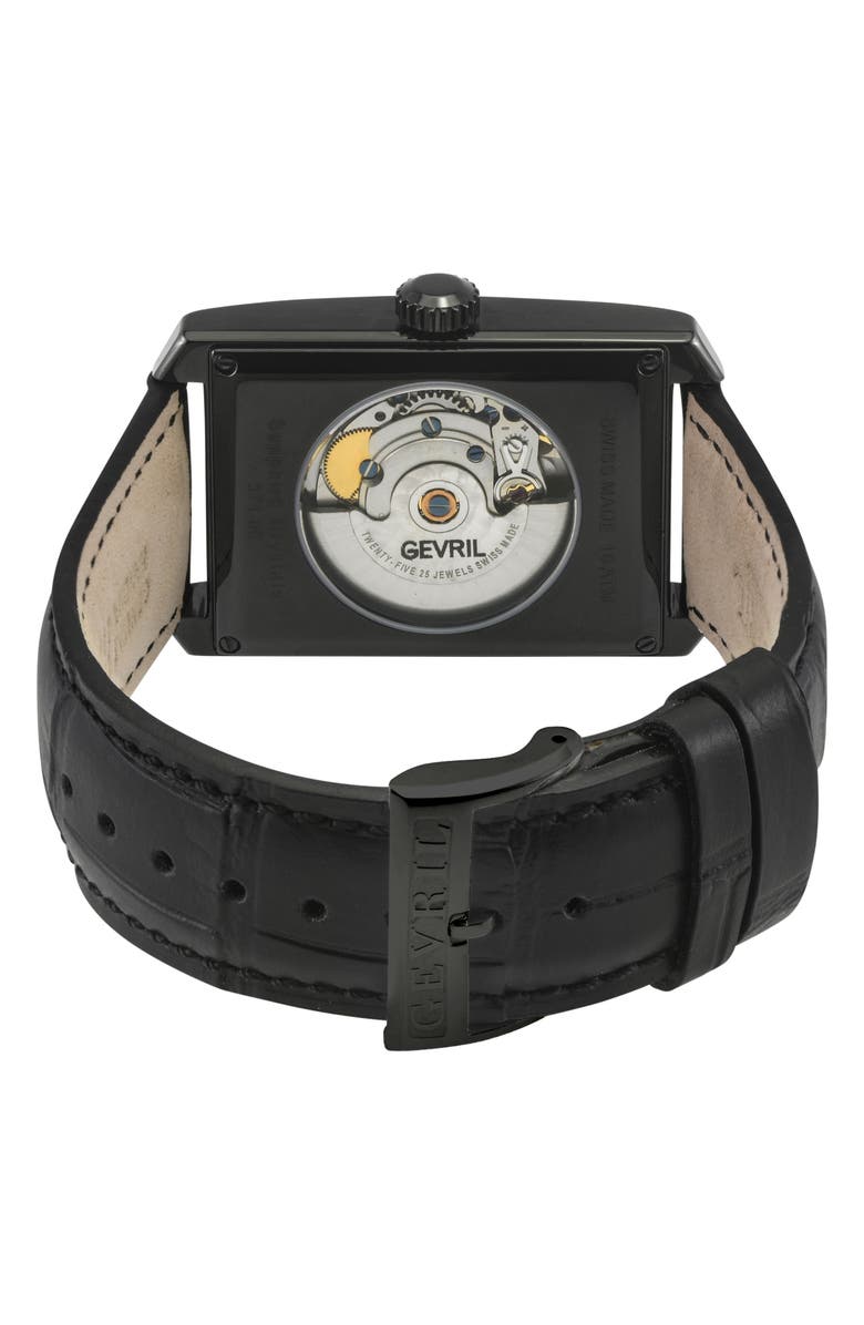 GEVRIL Manhattanhenge Automatic Rectangle Croc Embossed Leather Strap Watch, 39mm, Alternate, color, Black