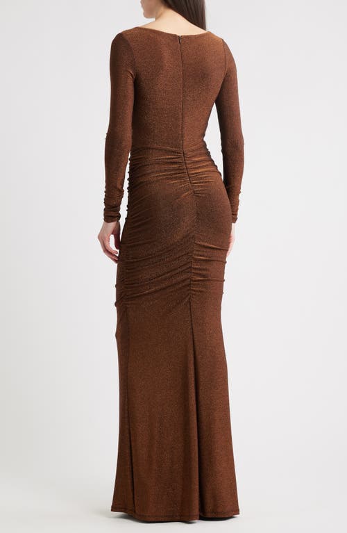 Black Halo Rafaela Long Sleeve Glitter Knit Gown In Brown