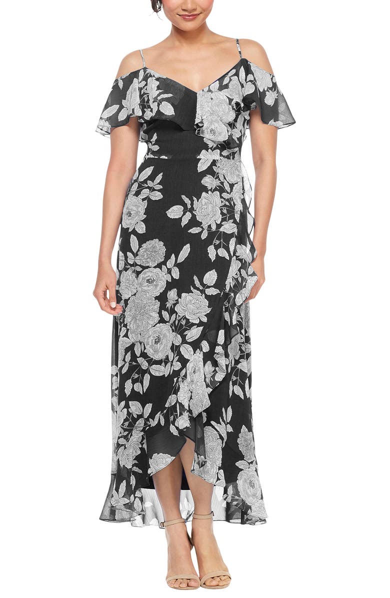 London Times Floral Ruffle Cold Shoulder Chiffon Maxi Dress, Main, color, 